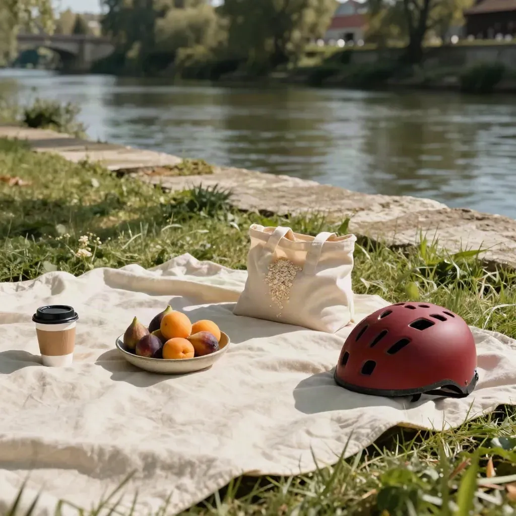 Pique-nique au bord de la Garonne avec couverture, fruits, casque de vélo et café à emporter.