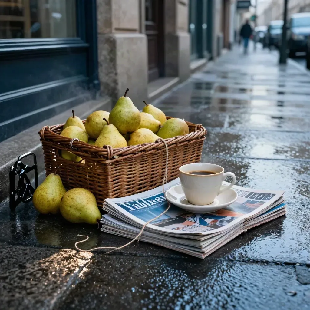 Magazines de Toulouse, panier de poires, tasse de café et sol mouillé à l’aube.