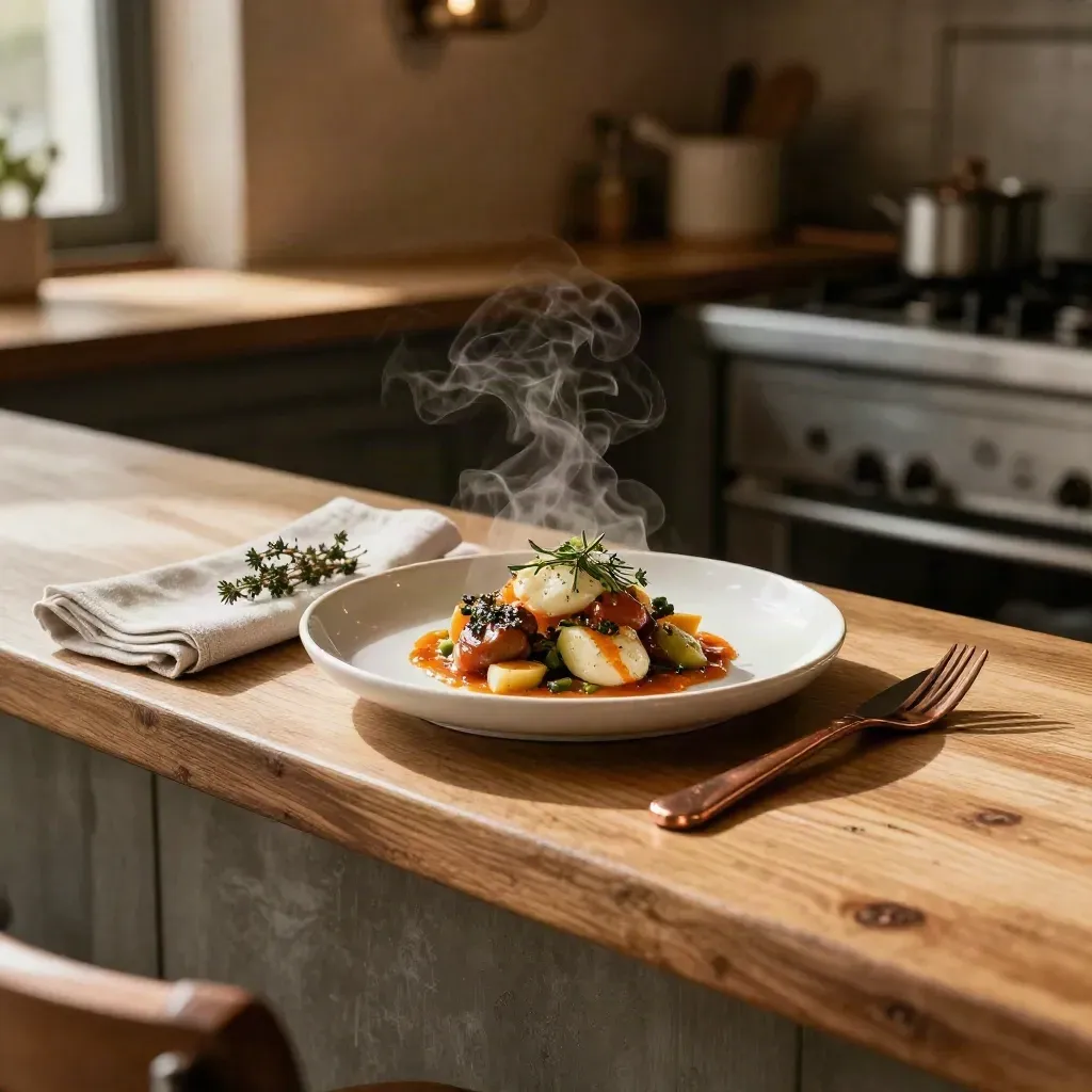 Pass de bistro intime, plat de saison fumant, couverts en cuivre et serviettes en lin.