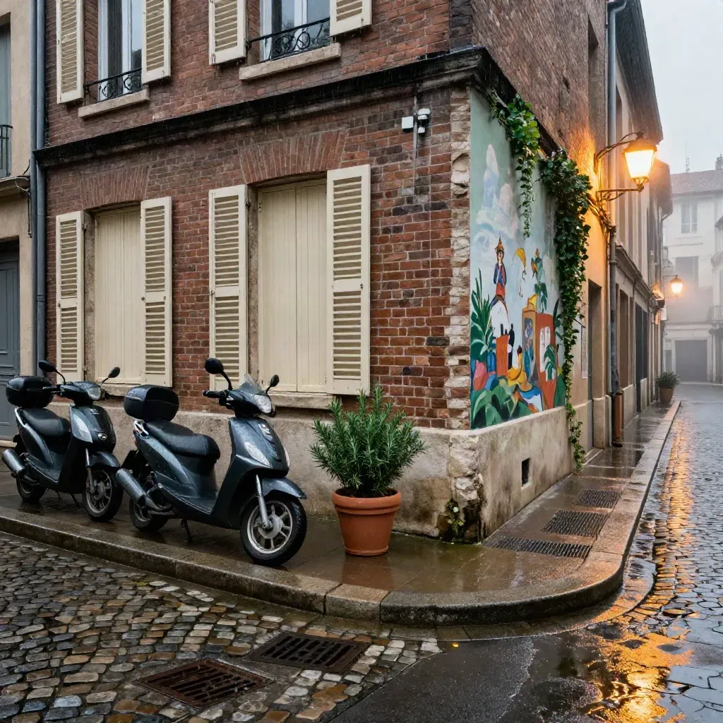 Rue de Saint-Cyprien sous la pluie, briques, scooters et fresque au crépuscule.