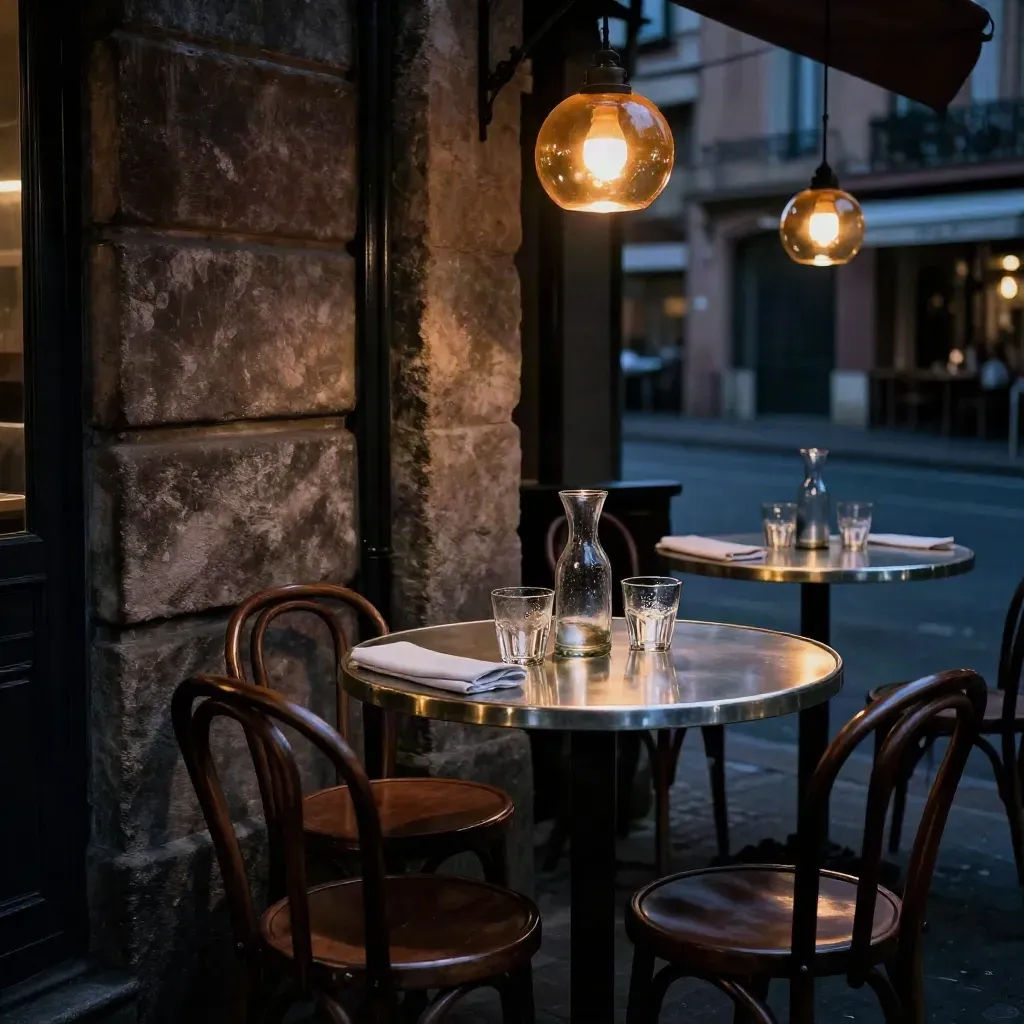 Terrasse de brasserie toulousaine la nuit, verres embués et lumière ambrée.