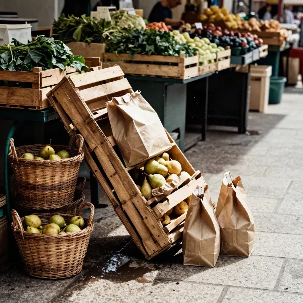Caisses de marché humides et paniers empilés dans une allée matinale à Toulouse.