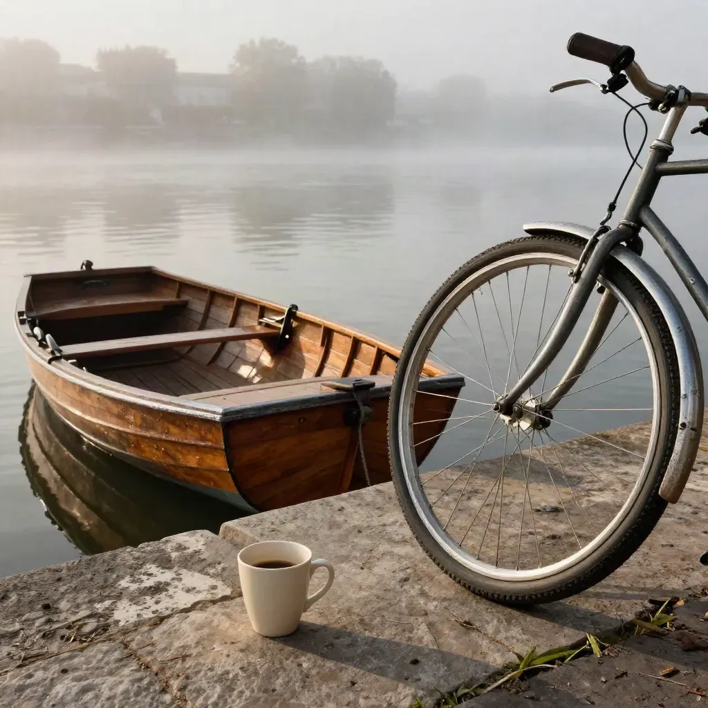 Barque amarrée, café sur le parapet et vélo au bord de la Garonne dans la brume du matin.