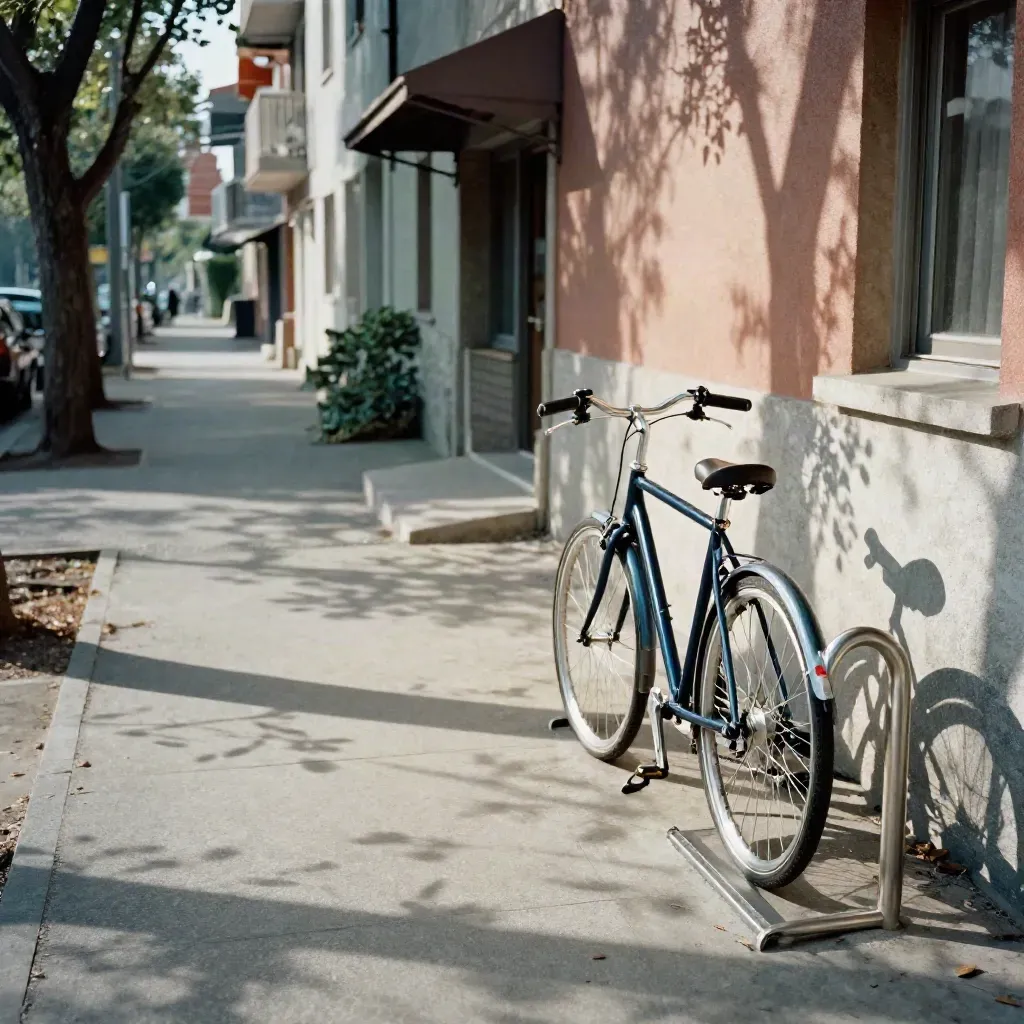 Piste cyclable calme aux Minimes, arbres, immeubles bas et rack à vélo au matin.