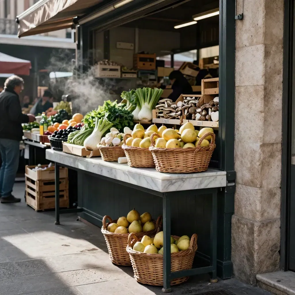 Allée de marché couverte avec paniers d’osier, marbre, caisses de légumes et vapeur légère.
