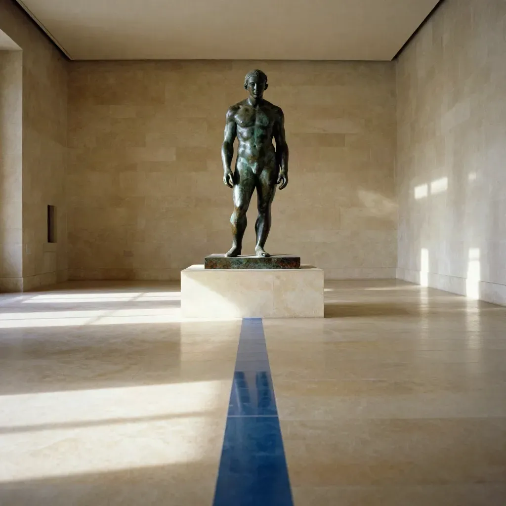 Salle de musée vide, sculpture de bronze sur socle, lumière de 10 h 30 glissant sur le sol poli.