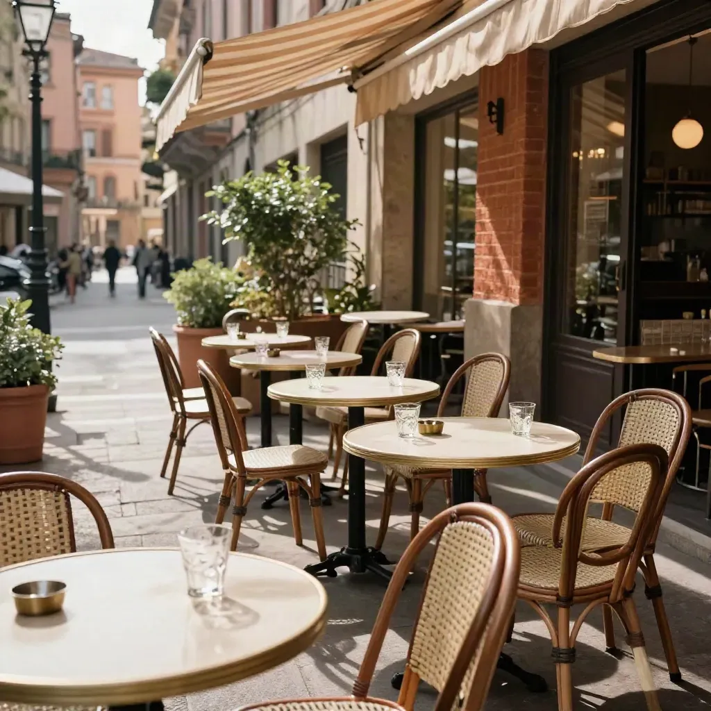Terrasse de café toulousaine vide, tables dressées, verres au soleil sous des auvents rayés.