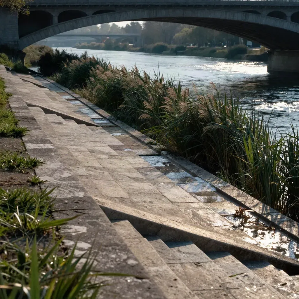 Chemin de berge, marches en pierre, arche de pont et roseaux au bord de la Garonne.
