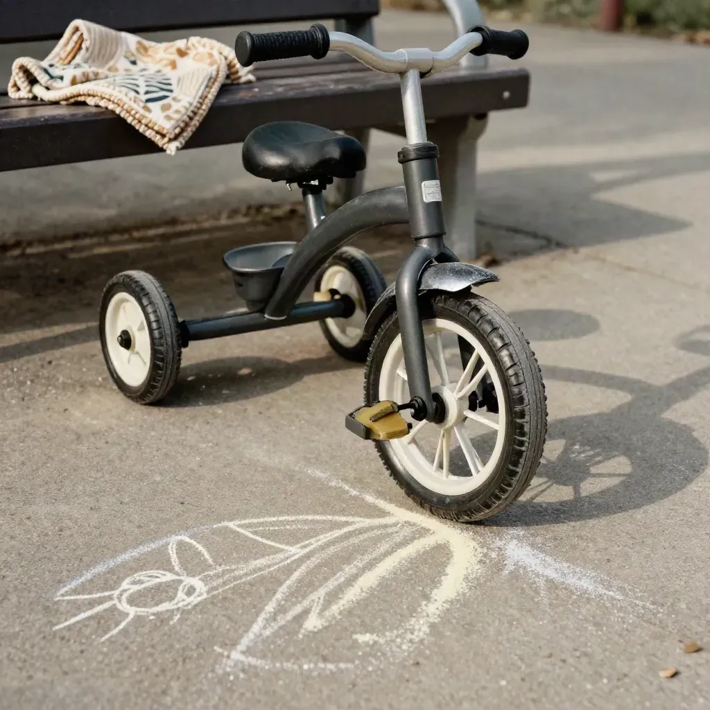 Tricycle de parc, dessins à la craie et couverture pliée sur un banc, lumière douce.