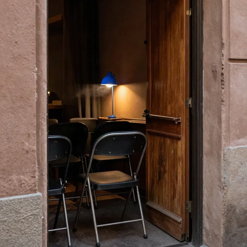 Entrée de petite salle avec sièges pliants vides, couloir sombre et lampe indigo.