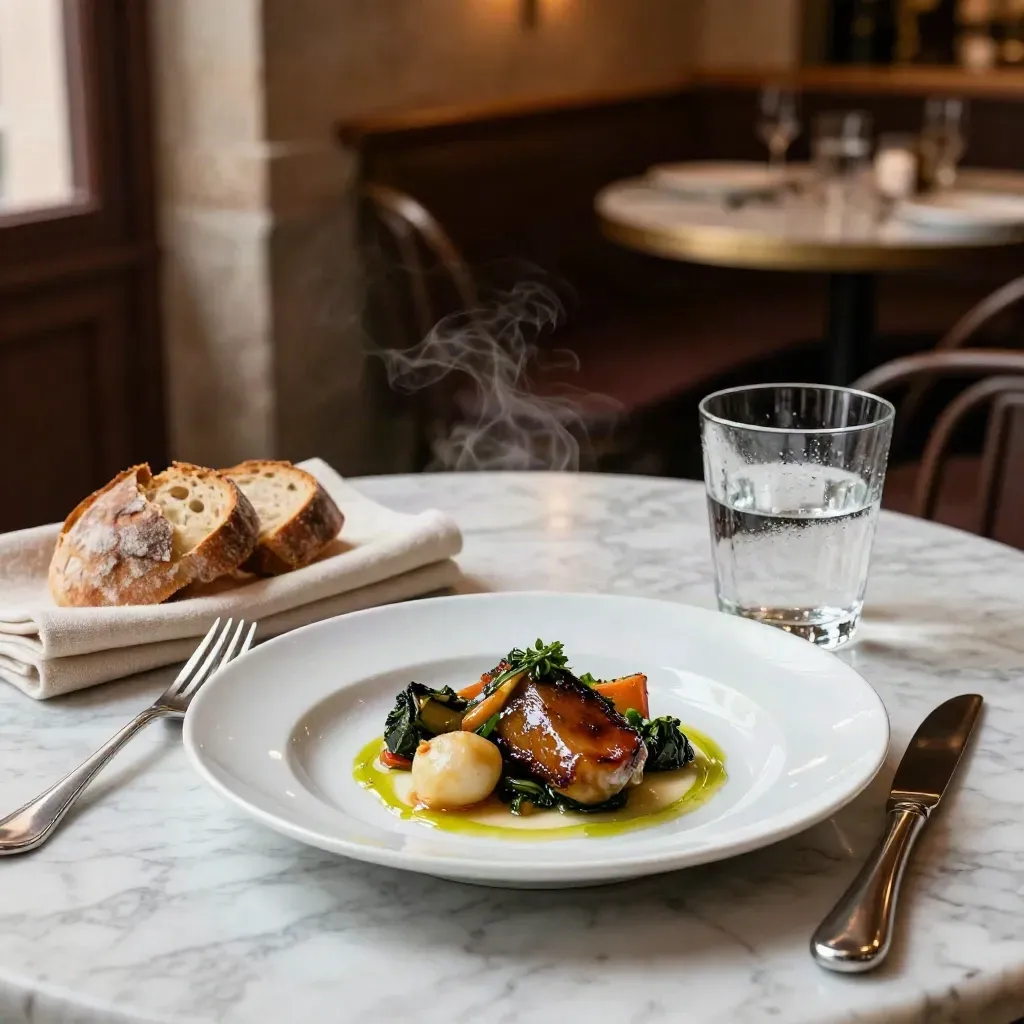 Plat de saison sur table en marbre, verre d’eau, pain et couverts dans une brasserie toulousaine.