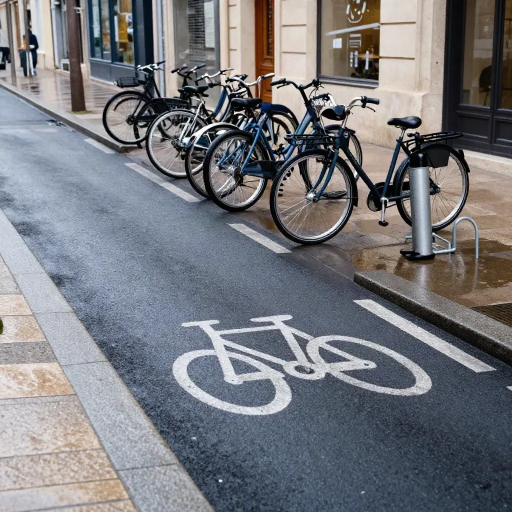 Piste cyclable mouillée, vélos stationnés, pompe et arceau de trottoir au matin.