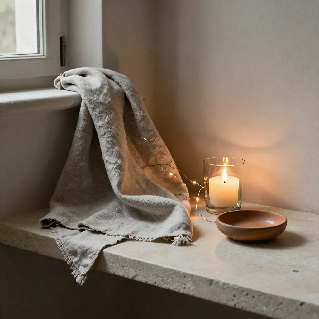Votive en verre, guirlande lumineuse, écharpe en lin et coupelle brique sur pierre.