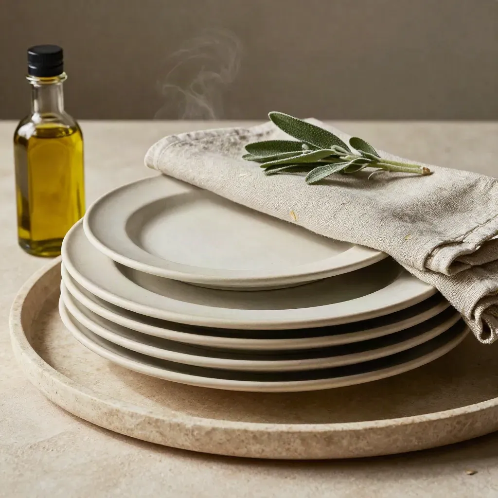 Assiettes en grès, serviette en lin, herbes et huile d’olive sur un plateau de pierre.