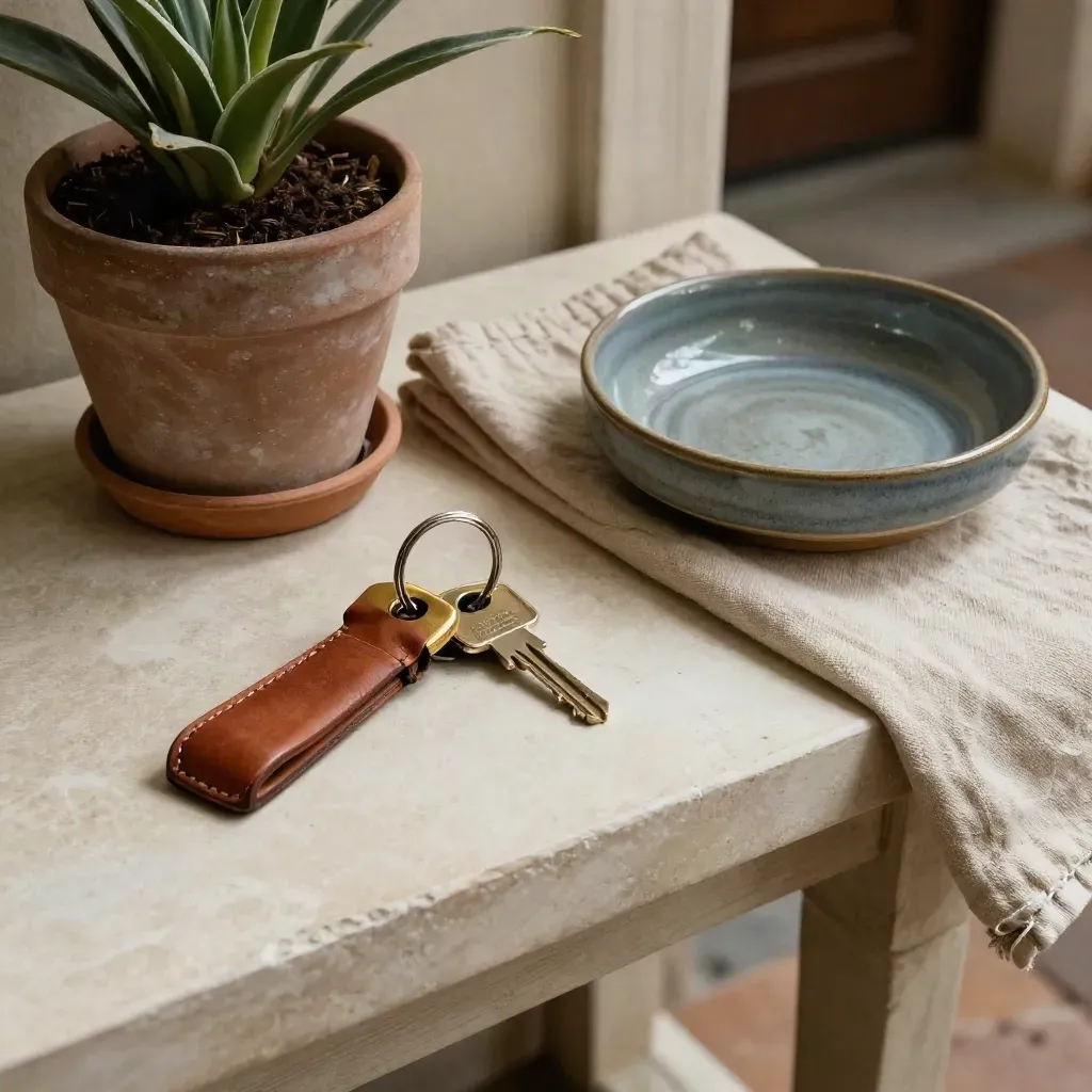 Clés, plante en pot, linge plié et coupelle sur une console d’entrée.
